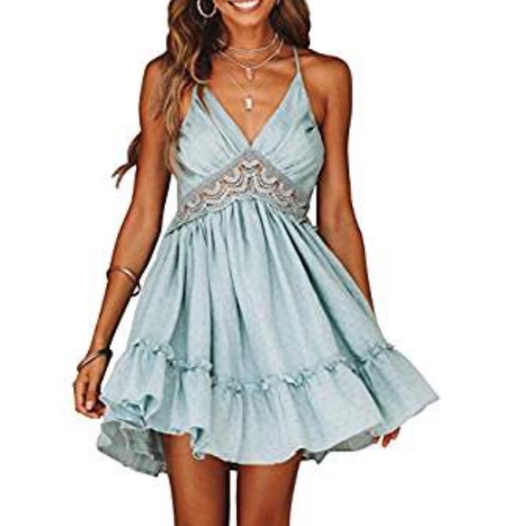 Blue Lace Open Back Dress - Picture 2 of 2